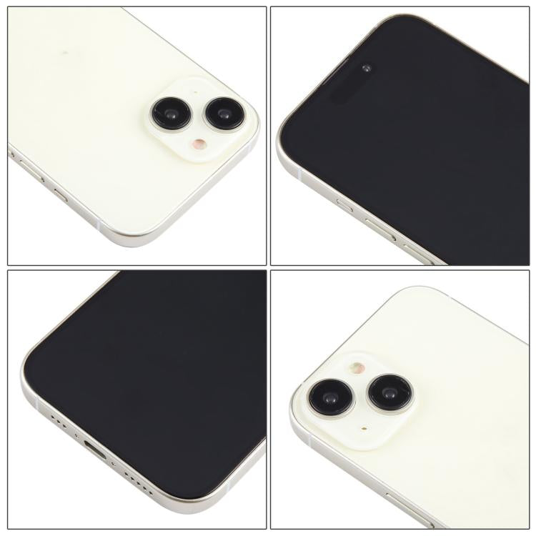 iPhone 15 dummy display model close-up views of white back and black-screen front