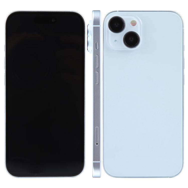 iPhone 15 dummy display model with black screen front and light blue back