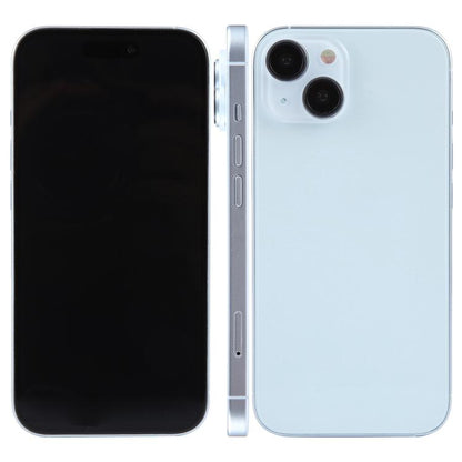 iPhone 15 dummy display model with black screen front and light blue back