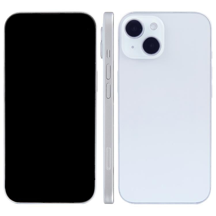 iPhone 15 dummy display model with black screen front and light blue back