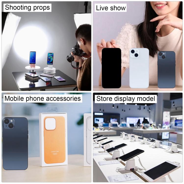 Set of black-screen dummy iPhone 15 display models with phone cases, retail display view