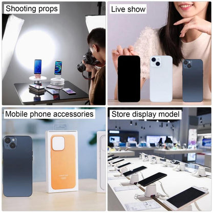 Set of black-screen dummy iPhone 15 display models with phone cases, retail display view