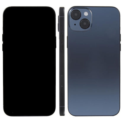 iPhone 15 Plus dummy display phone with black screen and dark blue back, dual camera lenses
