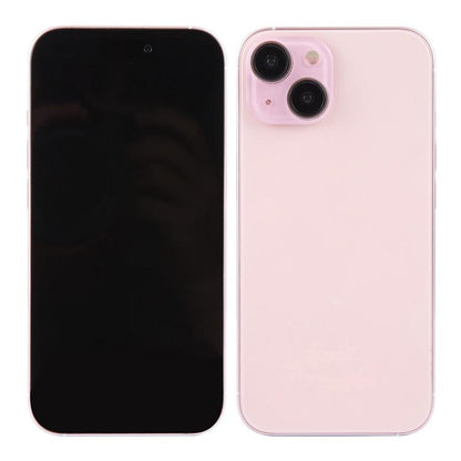 iPhone 15 Plus dummy display phone with black screen and light pink back, rear cameras