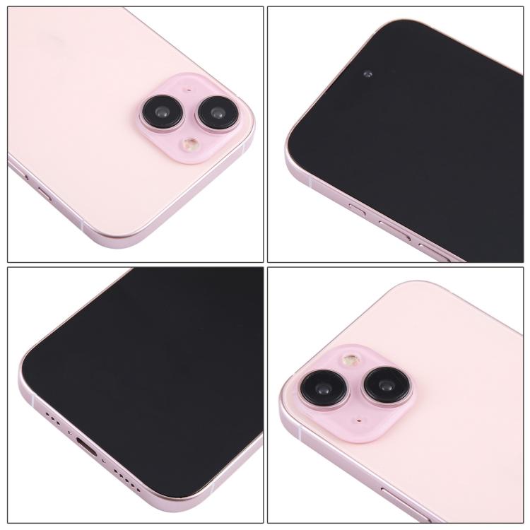 iPhone 15 Plus dummy display phone views with pink back, black screen, side ports