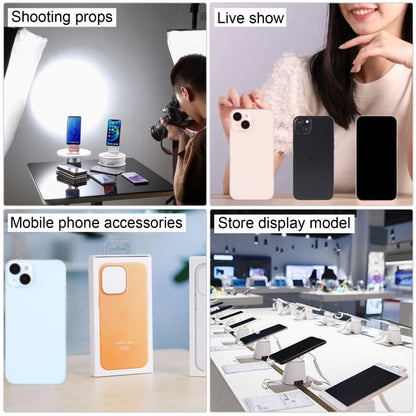 Black-screen iPhone 15 Plus dummy display phone, shown with back views and retail stands