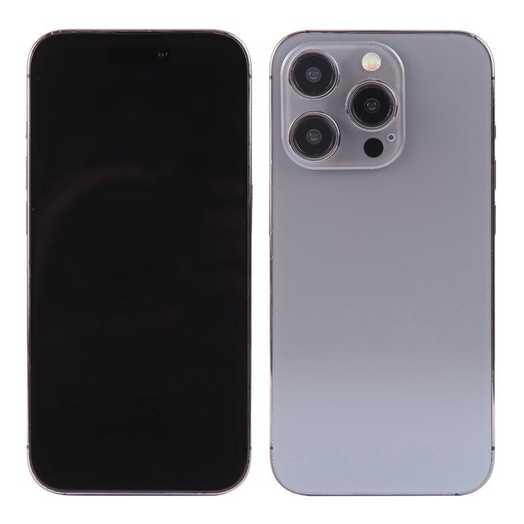 iPhone 15 Pro dummy display model with black front and light gray back, triple cameras