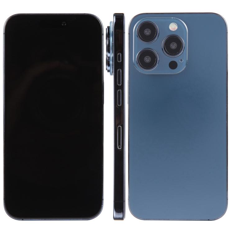 iPhone 15 Pro dummy display model with black front and blue back, triple cameras