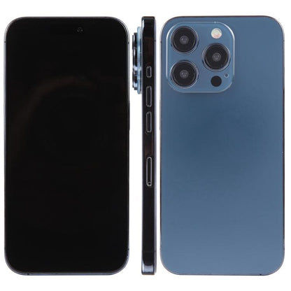 iPhone 15 Pro dummy display model with black front and blue back, triple cameras