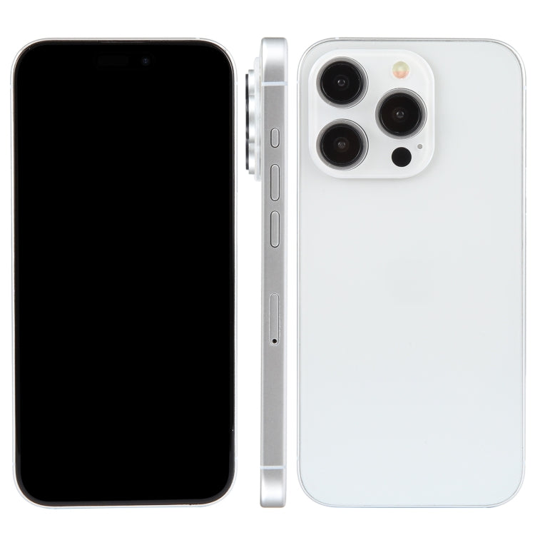 iPhone 15 Pro dummy display model with black front and white back, triple cameras