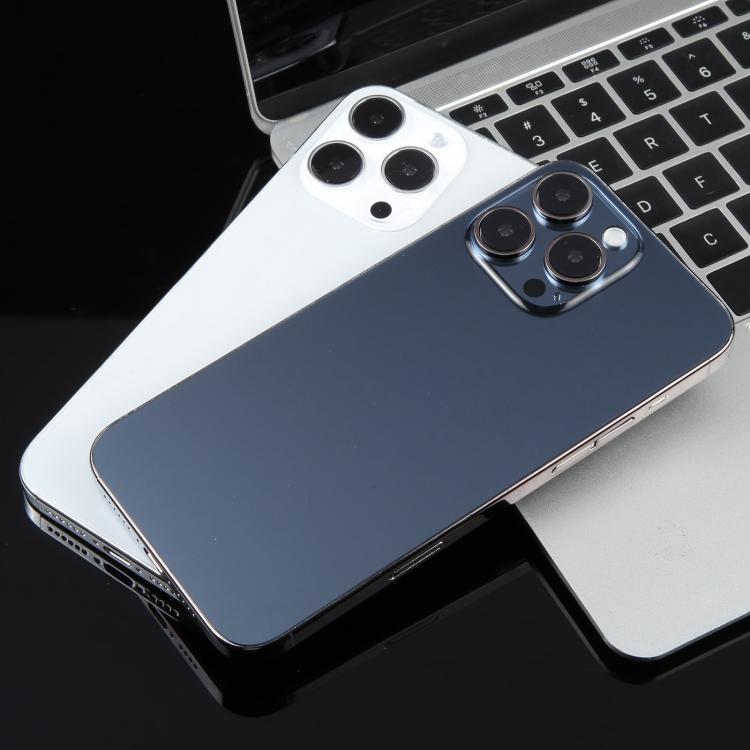 White and blue iPhone dummy display models with dark screens and camera backs