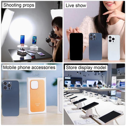 Assorted iPhone dummy display models and phone accessories on retail display