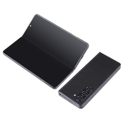Black foldable phone dummy model with dark screens, open and angled view