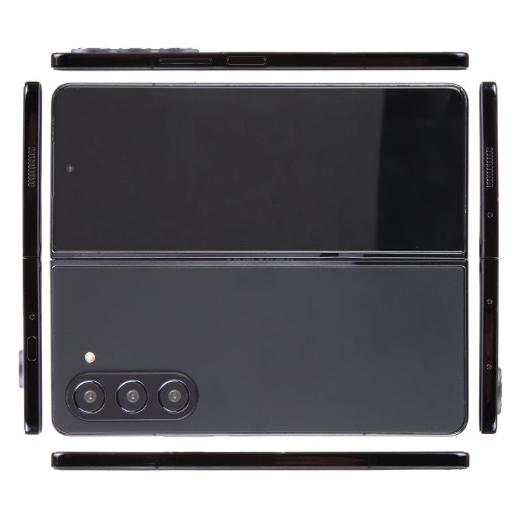 Black foldable phone dummy model, front view with triple rear cameras