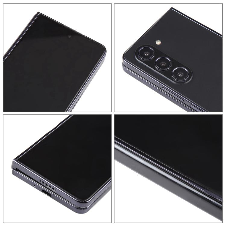 Black foldable phone dummy model, four views showing dark screens and edges