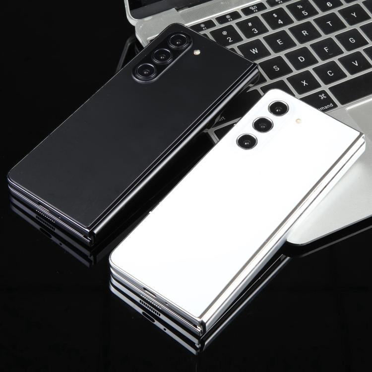 Black foldable phone dummy model with triple camera, paired with white dummy phone