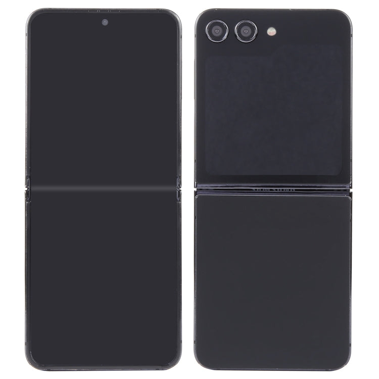 Black folding phone dummy display model, two views with blank outer and inner screens