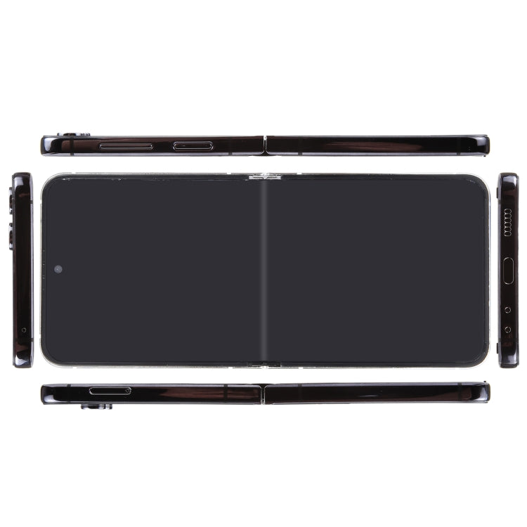 Black folding phone dummy display model showing hinge and side buttons, blank screens