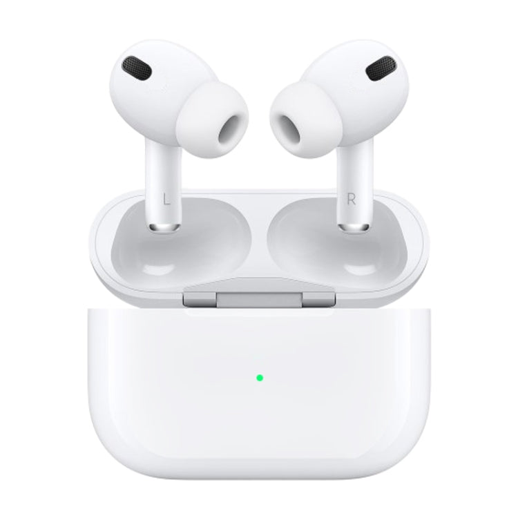 White AirPods-style dummy earbuds with black speaker grilles, in open charging case