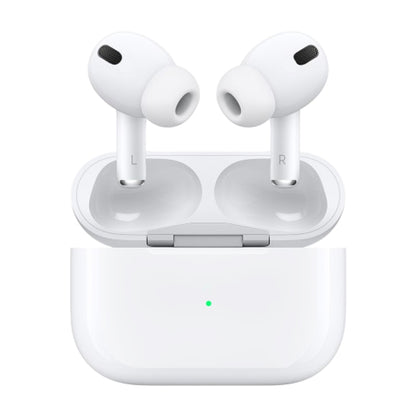 White AirPods-style dummy earbuds with black speaker grilles, in open charging case