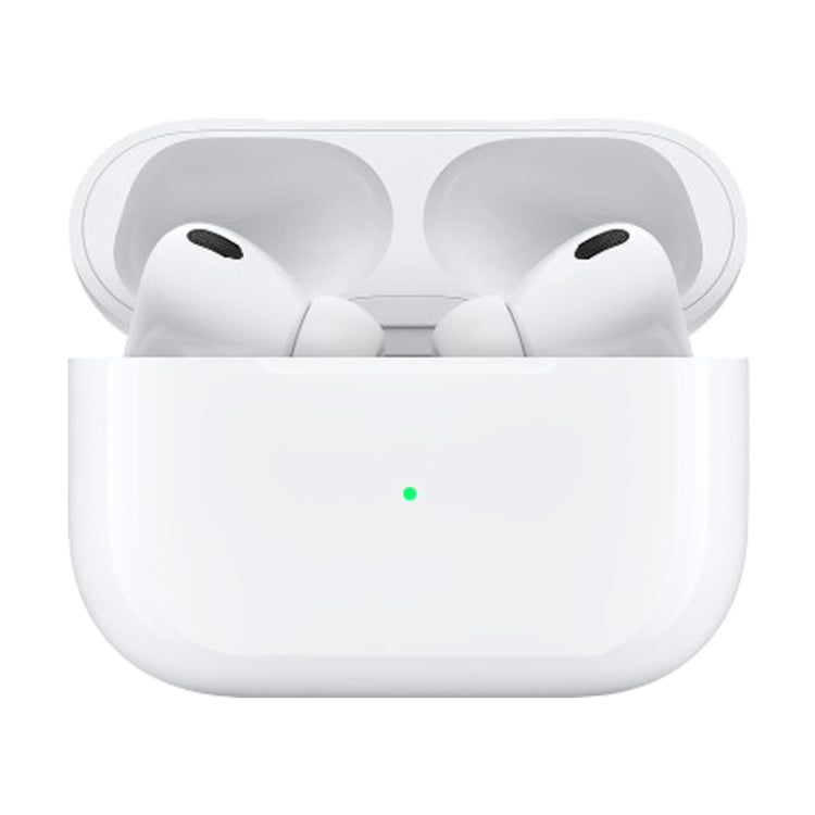 White AirPods-style dummy earbuds in closed charging case, front view
