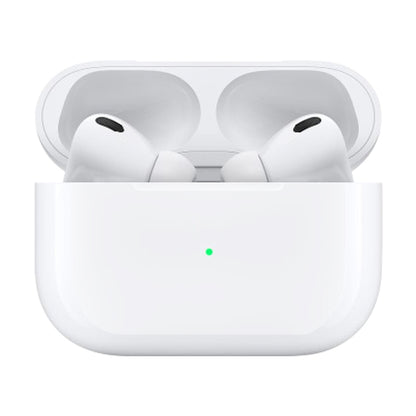 White AirPods-style dummy earbuds in closed charging case, front view