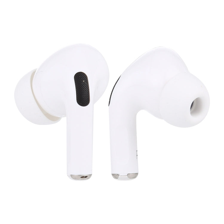 White AirPods-style dummy earbuds, angled with black speaker grille