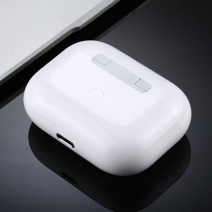 White dummy earbuds charging case with charging port and side button