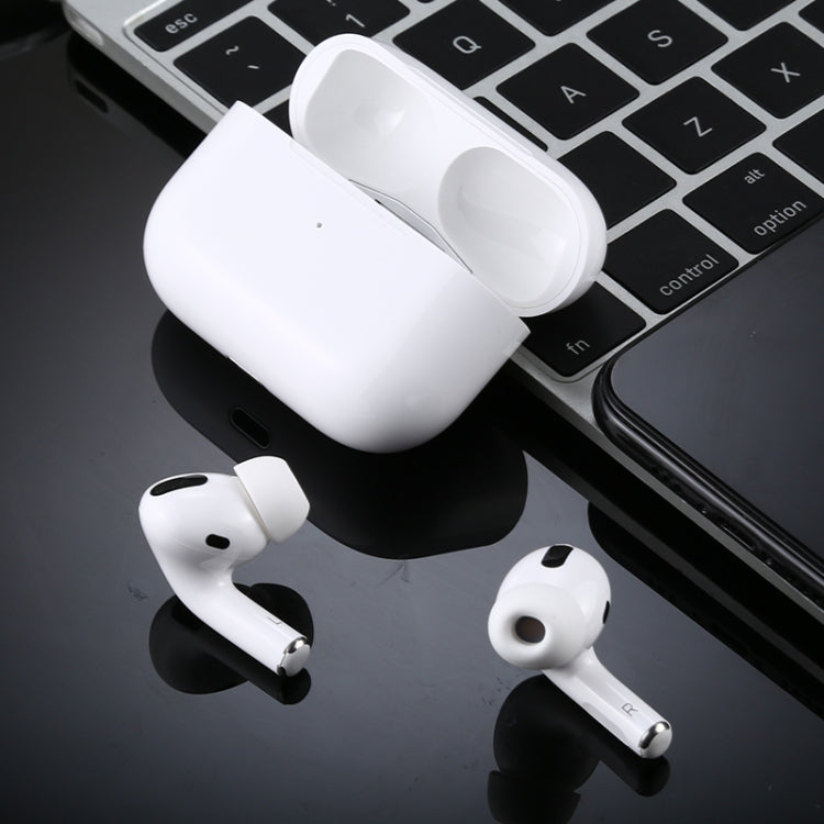 White AirPods-style dummy earbuds and charging case