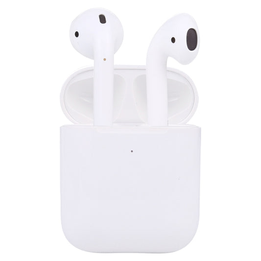 White AirPods-style dummy headphones with open charging case, both earbuds upright