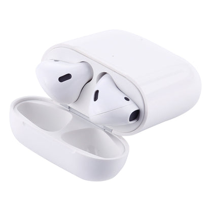 White AirPods-style dummy headphones with open charging case, earbuds resting inside