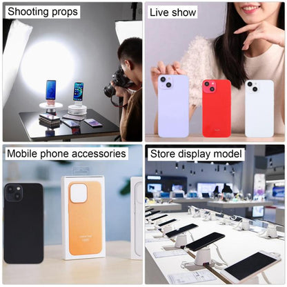 Mobile phone display dummy models in white, red, and black with rear cameras