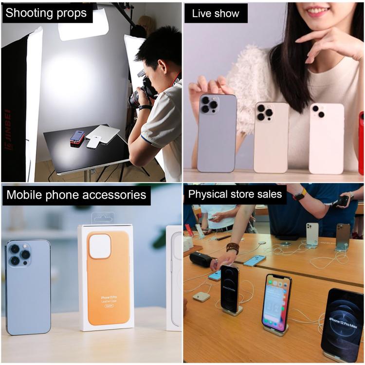 Multiple phone dummy display models in different colors, black screens shown