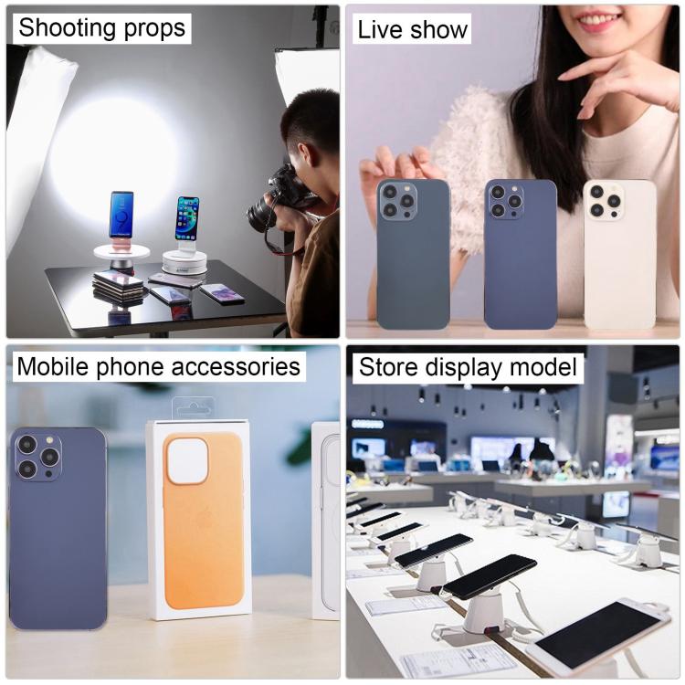 Phone display model set shown in a store setting, black screens visible