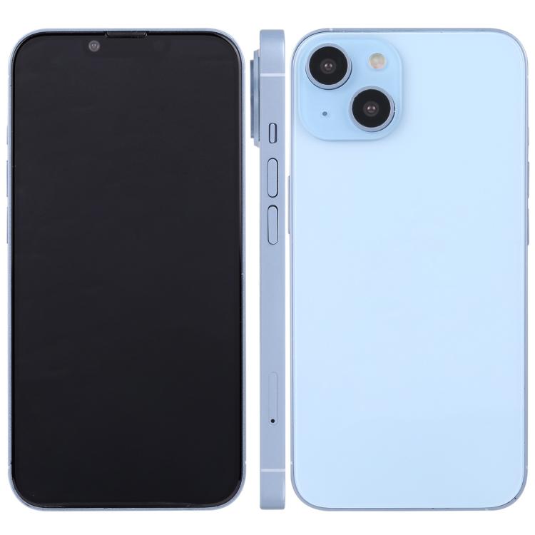 iPhone 14 Plus dummy display front and light blue back, black screen and dual rear cameras