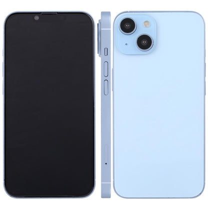 iPhone 14 Plus dummy display front and light blue back, black screen and dual rear cameras