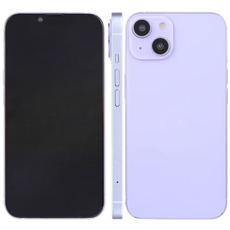 iPhone 14 Plus dummy display front and lilac back, black screen and dual rear cameras