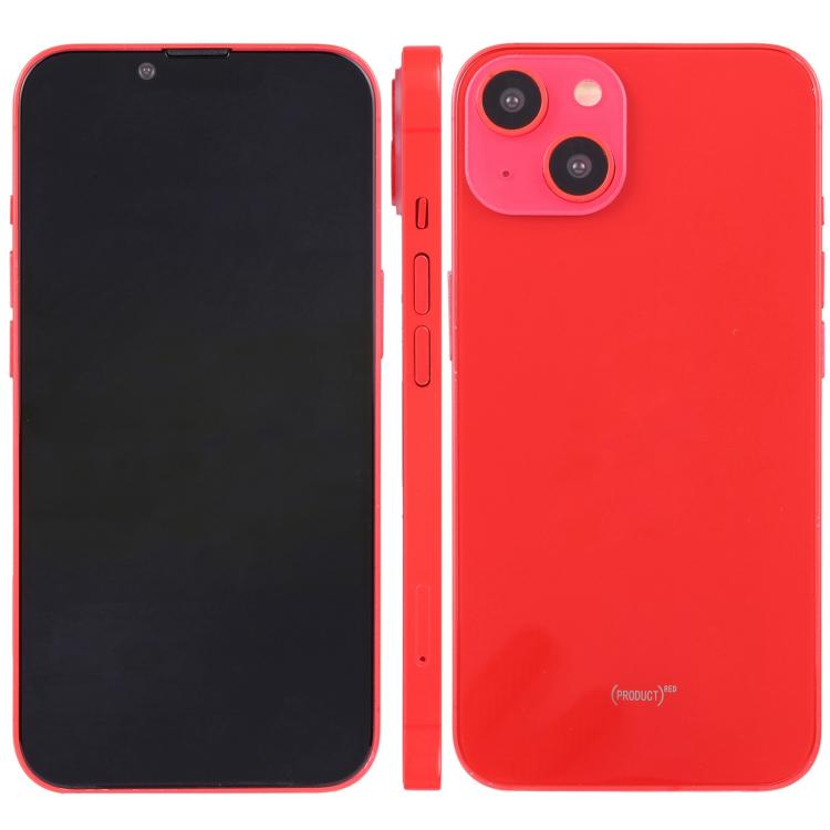 iPhone 14 Plus dummy display with black front and red back, dual rear camera module
