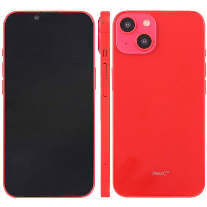 iPhone 14 Plus dummy display with black front and red back, dual rear camera module