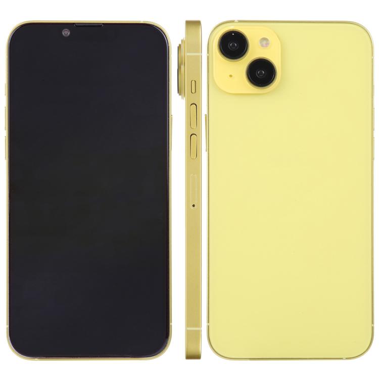 iPhone 14 Plus dummy display front and yellow back, black screen and dual rear cameras