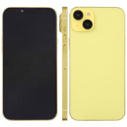 iPhone 14 Plus dummy display front and yellow back, black screen and dual rear cameras