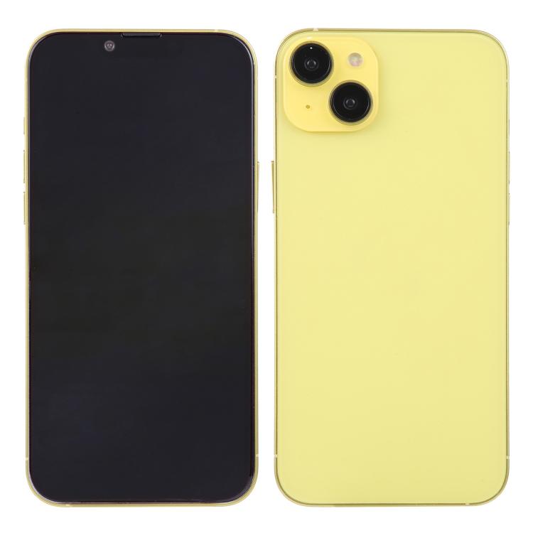 iPhone 14 Plus dummy display with black screen and yellow rear panel, showing side buttons