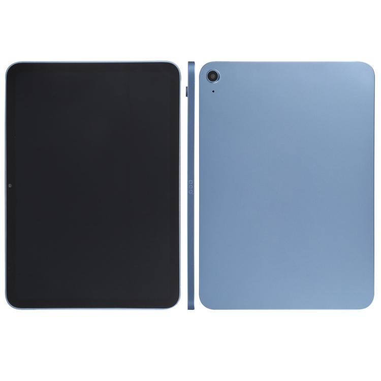 Tablet display model with black front screen and blue rear case, front-and-back view