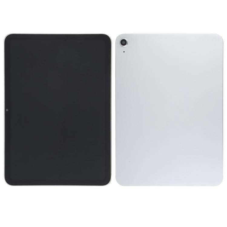 Tablet display model with dark front screen and white rear case, front-and-back view