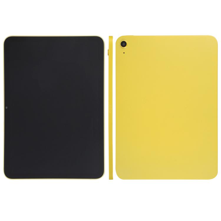 Tablet display model with black front screen and yellow rear case, front-and-back view