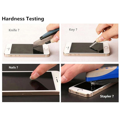 Tempered glass screen protector hardness tests: knife, key, nail, stapler on screen