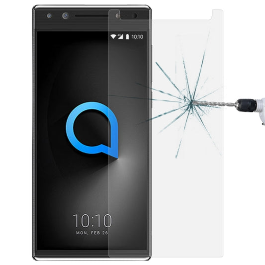 Tempered glass screen protector on dark smartphone screen, Alcatel 5 fit