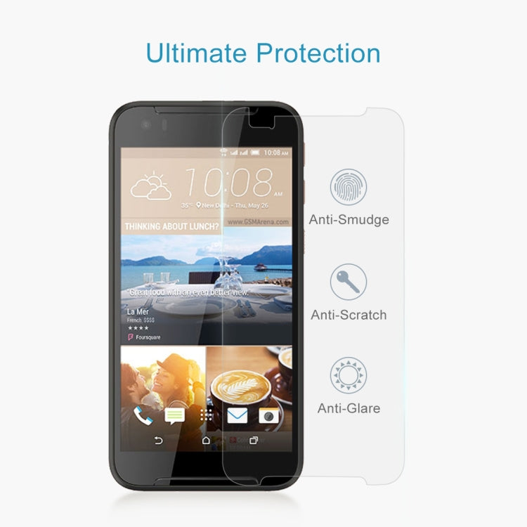 Tempered glass screen protector on smartphone front with anti-scratch anti-glare icons