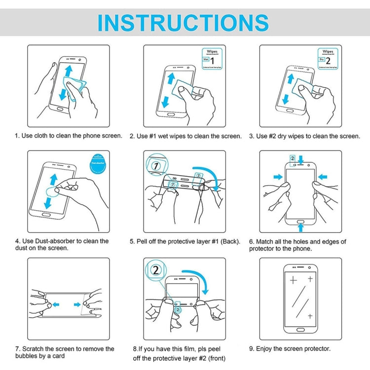 Screen protector installation steps diagram for a smartphone glass film