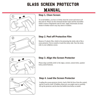 Glass screen protector manual showing step-by-step cleaning and installation instructions